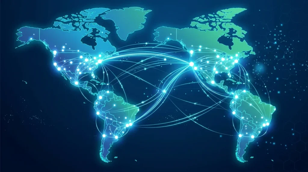 Vector mapping a close geographical partnership between North America and Latin America.