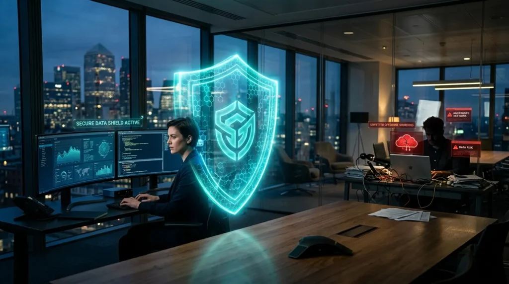 Glowing digital shield protecting corporate data in a sleek office environment, representing secure remote operations.