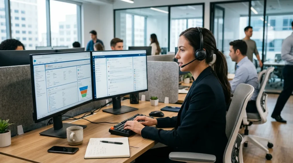 A professional sales representative actively managing outbound sales and lead generation using CRM software on a dual-monitor setup.