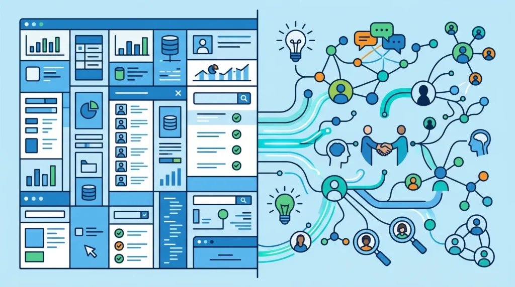 Vector illustration contrasting rigid software interface with dynamic human recruitment networks.