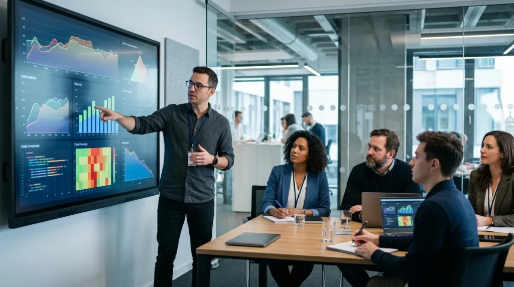 Developers presenting code metrics on a large display during a sprint review