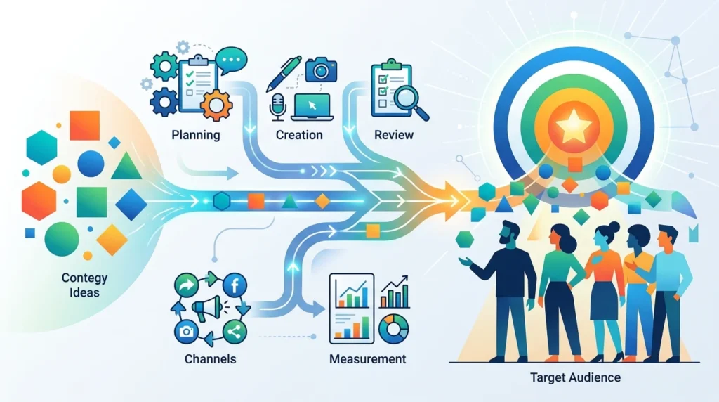 Content strategy workflow diagram with abstract geometric shapes